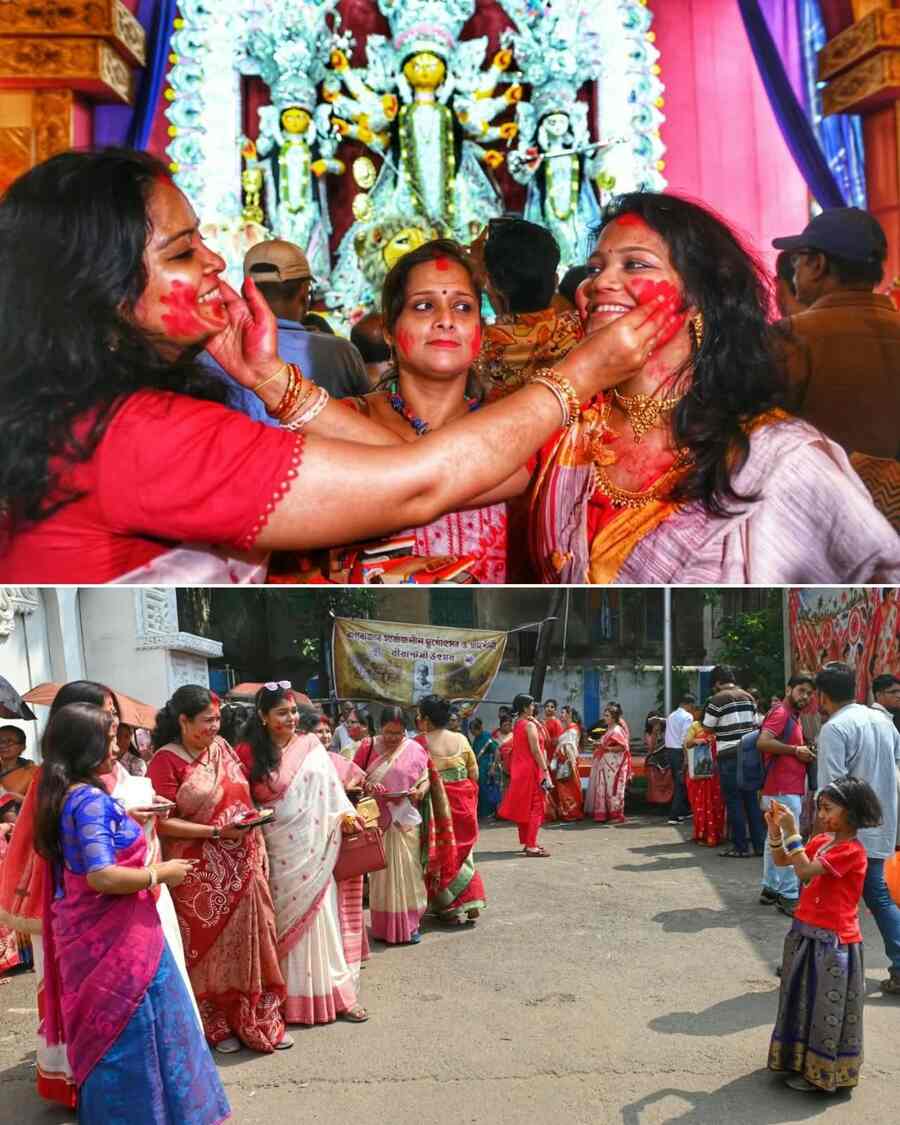 Several devotees gathered at Bagbazar Sarbojanin on Wednesday morning to bid farewell to Goddess Durga, celebrating the final moments of this year’s Durga Puja.