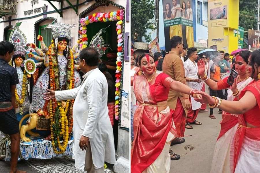 The processions to the ghats were joyous, as men and women dressed in traditional attire danced along the streets to the beats of the dhak.