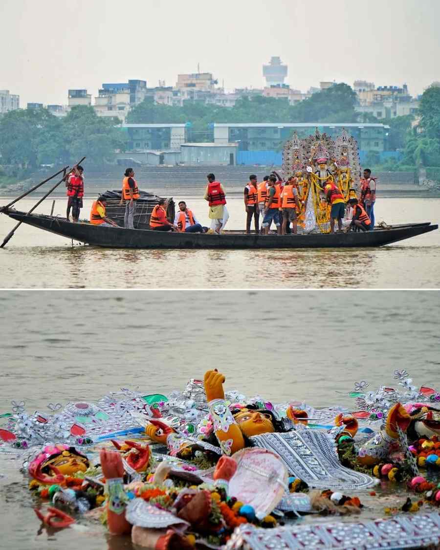As the idol was brought to the water, devotees gathered for one last glimpse of the Goddess before the immersion.