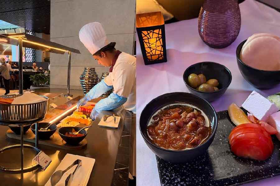 (Left to right) Qatar Airways lounge at Hamad International Airport and the fare on Qatar Airways