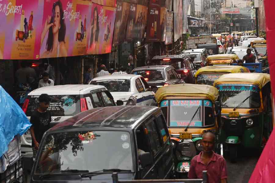 Vehicles caught in a traffic snarl on Beadon Street on Saturday, Saptami. 