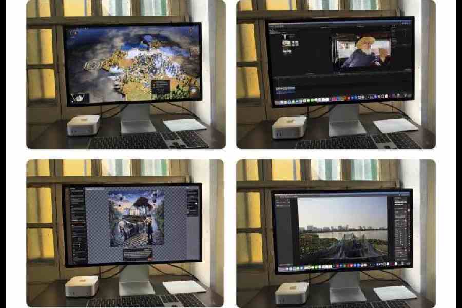 Getting things done on a Mac mini M6 (clockwise from top left): Playing Sid Meier's Civilization VII Arcade Edition, editing a 4K video using Final Cut Pro as part of Apple Creator Studio, working on Pixelmator Pro, and running Qwen 3.8 27B model using LM Studio