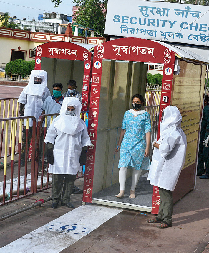 Sanitisation booths on the temple premises.