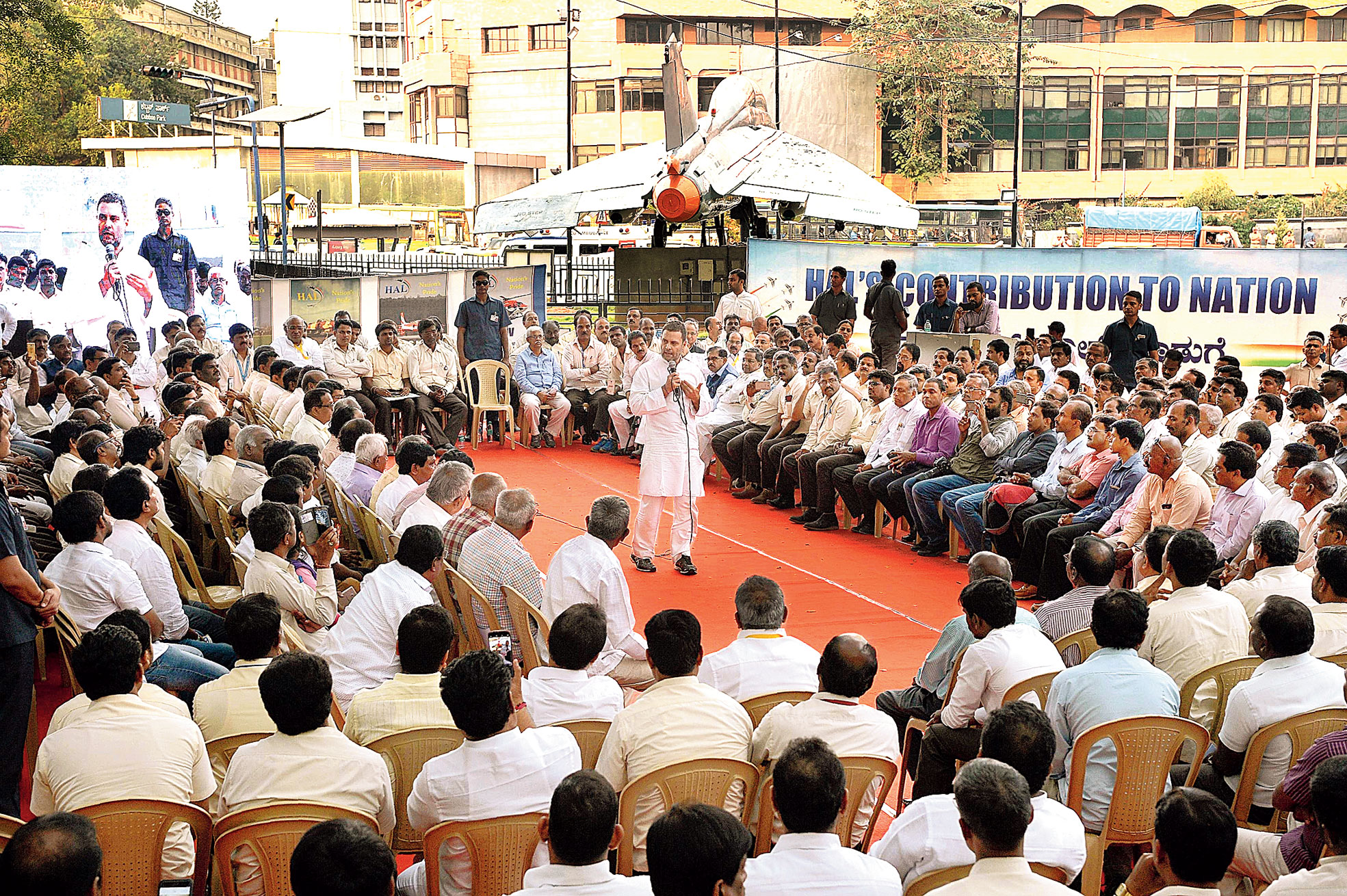 Rahul addresses a gathering of present and former employees of Hindustan Aeronautics Ltd in Bangalore on Saturday.