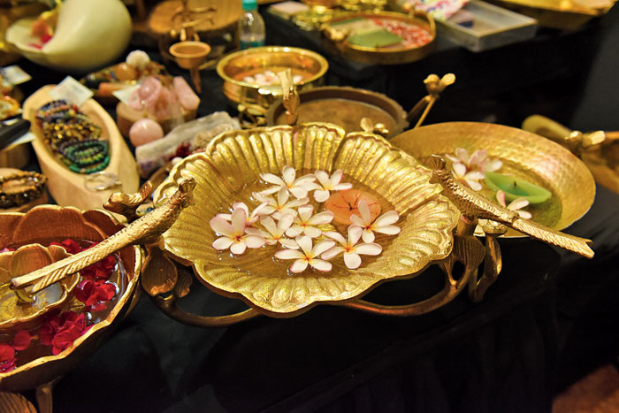 Decorate your centre table with this beautiful floral- shaped platter made of aluminium die-cast. Perfect for some floating candles to brighten up your living space on Diwali evening. 
Rs 2,200 @Creativity is Infinite
(contact: 9831077133)