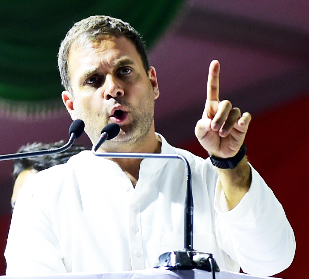 Congress President Rahul Gandhi speaks during the Congress-JD(S) rally ahead of the Lok Sabha election in Bangalore on Sunday, March 31, 2019. 