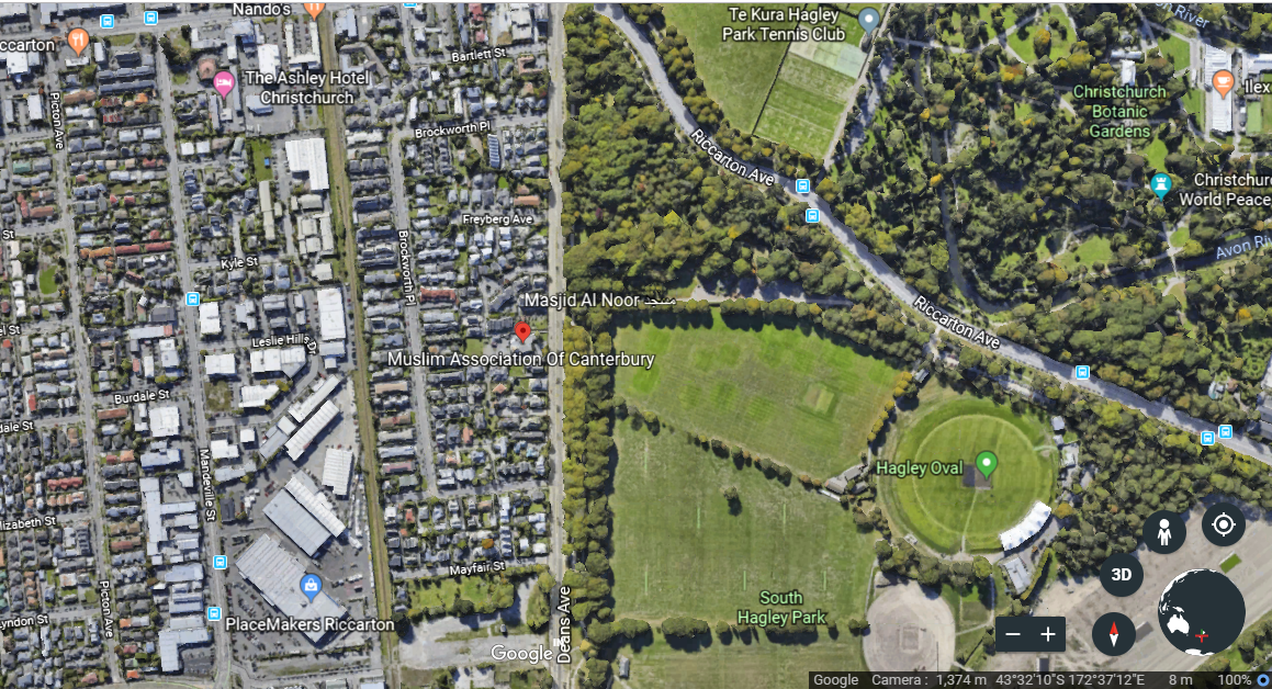 The Masjid Al Noor (red dot) where one of the shootings took place that the Bangladeshi team narrowly escaped, and the Hagley Oval, the cricket stadium where the team was to play the Kiwis on March 16. That match has been cancelled.