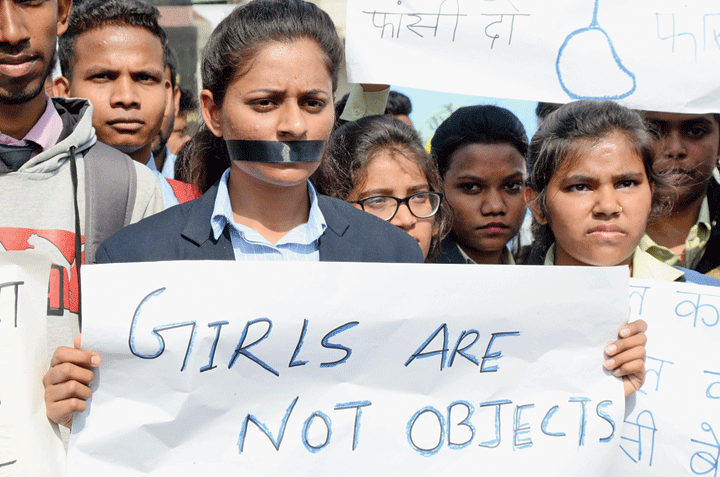 Students of Gossner College protest at Albert Ekka Chowk in Ranchi on Monday.