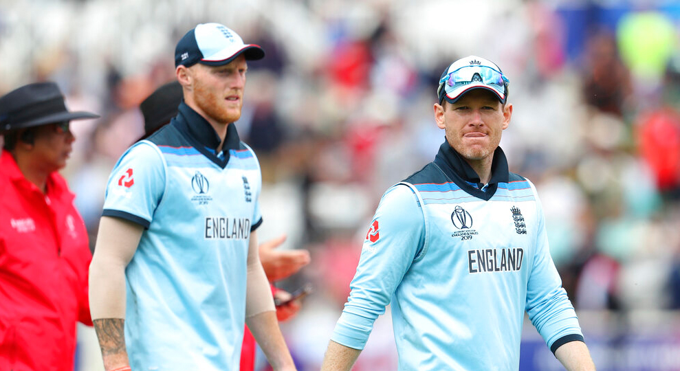 England's captain Eoin Morgan, right, and teammate Ben Stokes leave the filed at the end of Pakistan innings during the Cricket World Cup match between England and Pakistan at Trent Bridge in Nottingham, Monday, June 3, 2019.