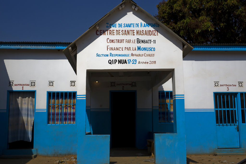 The entrance to the Masaidizi Health Center, which was recently built by the United Nations in Lubumbashi. The buildings are painted in white and UN blue, although the hospital is now run by the Congolese ministry of health and receives no ongoing UN support.