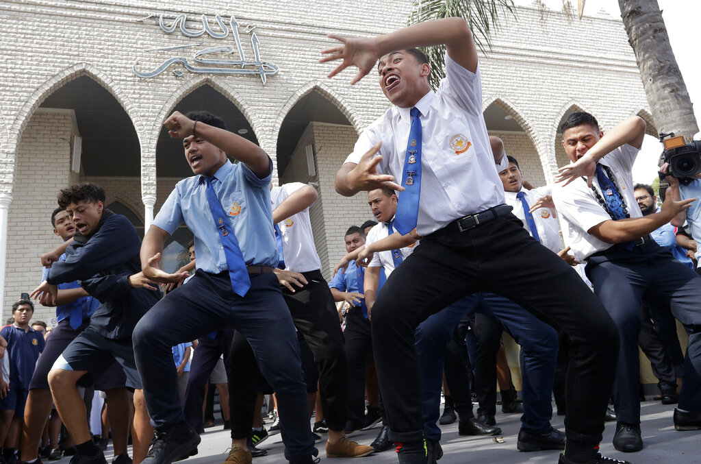 Students from Punchbowl Boys High School perform the haka after Friday prayers at Imam Ali bin Abi Taleb Mosque in Sydney, Australia.