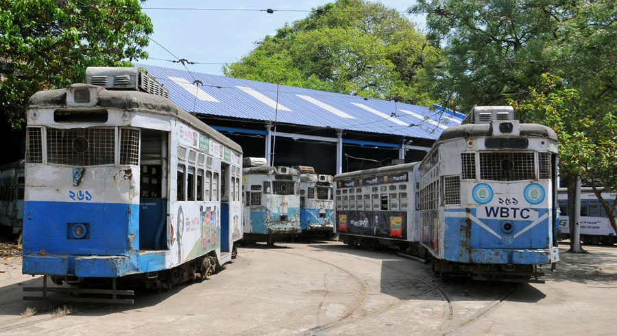 Trams are seen parked at Tollygunge tram depot during a nationwide lockdown in the wake of deadly coronavirus, in Calcutta