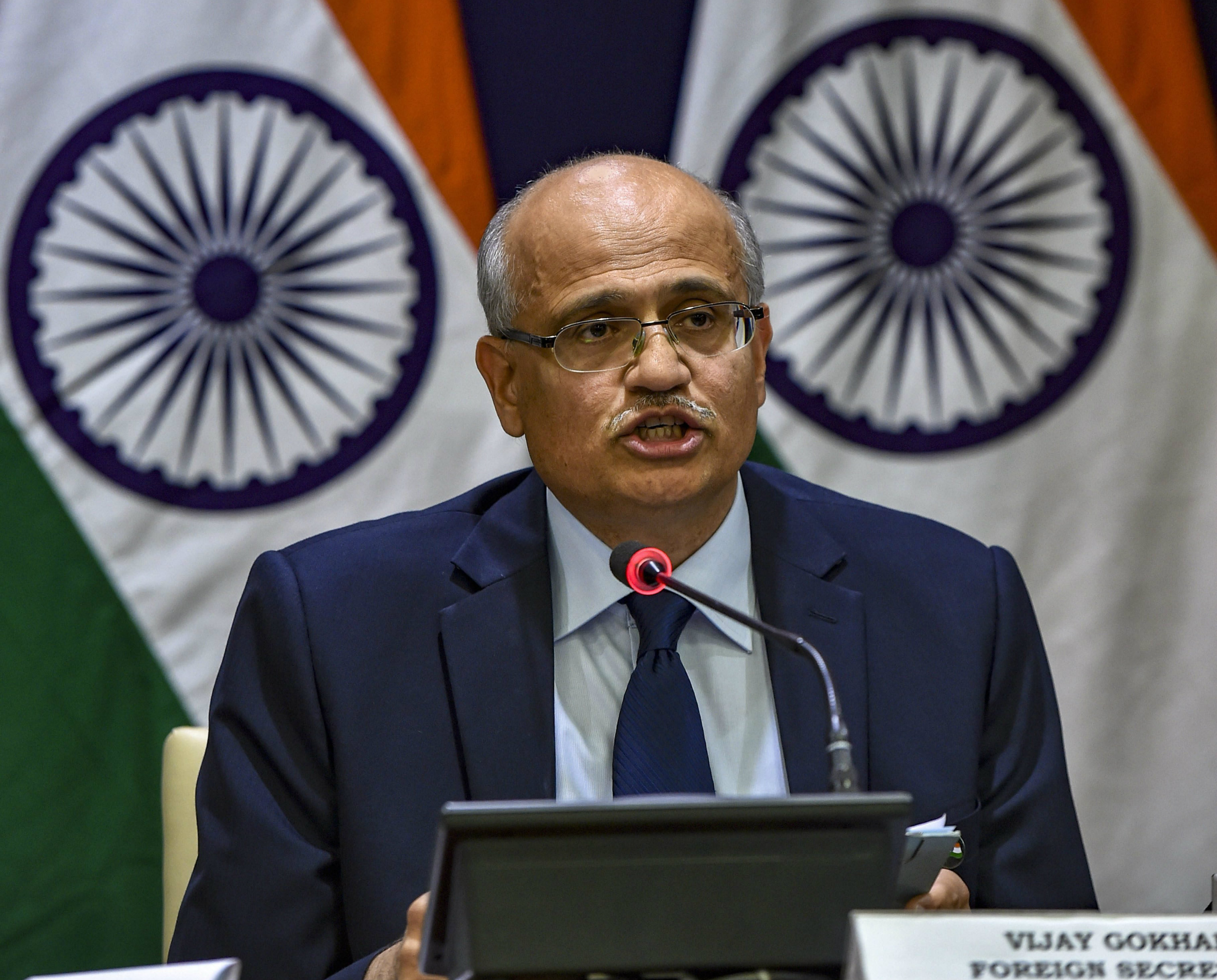 Foreign secretary Vijay Gokhale briefs the media in New Delhi on the airstrike on Tuesday.