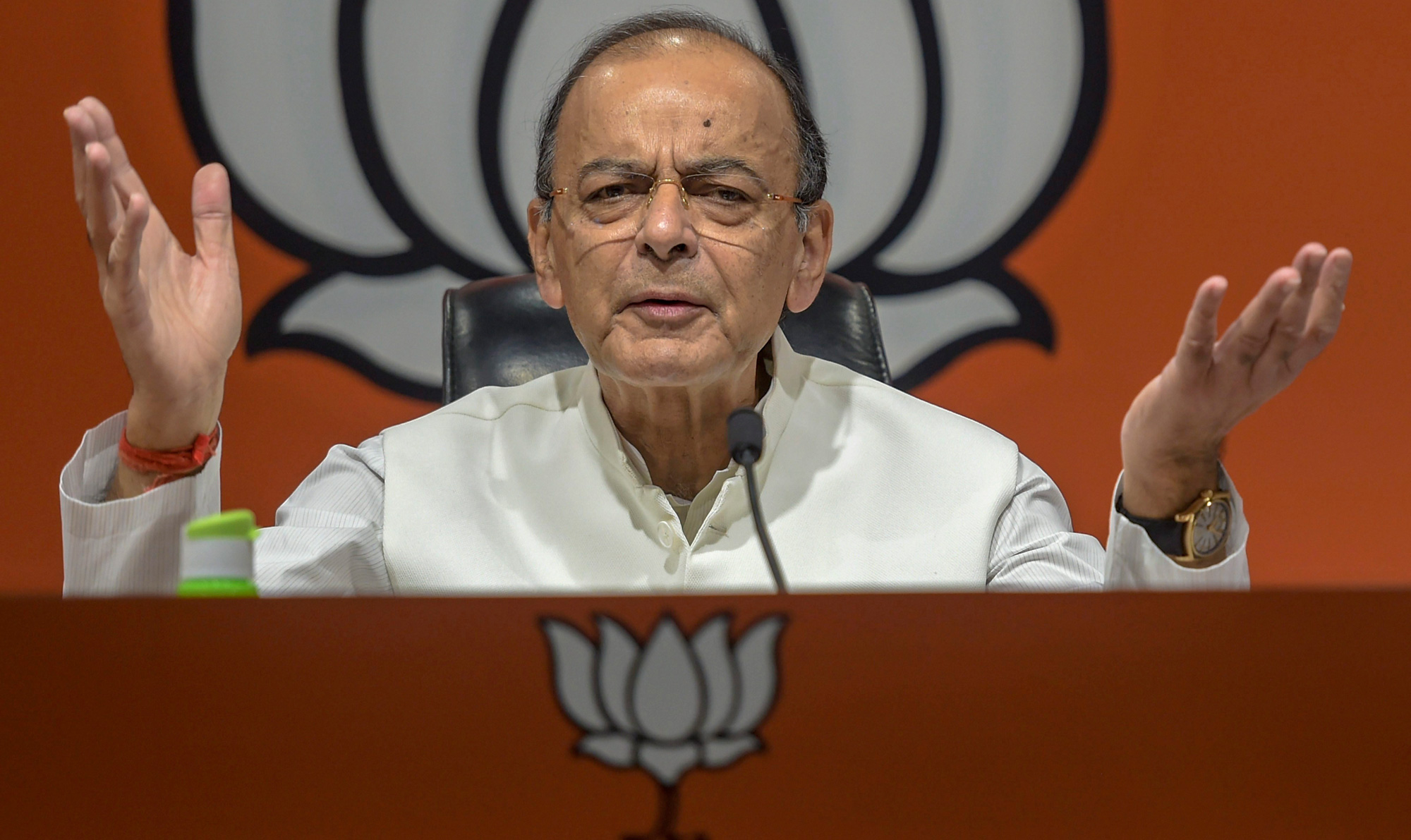 Union minister and BJP leader Arun Jaitley during the launch of the party's election theme songs and other campaign materials for upcoming Lok Sabha polls, at party headquarters in New Delhi on Sunday, April 7, 2019.