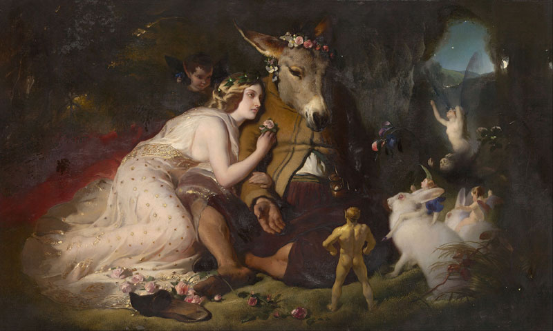 Shakespeare's Titania depicted by Edwin Landseer in his painting Scene from A Midsummer Night's Dream, based on A Midsummer Night's Dream act IV, scene I, with Bottom and fairies in attendance
