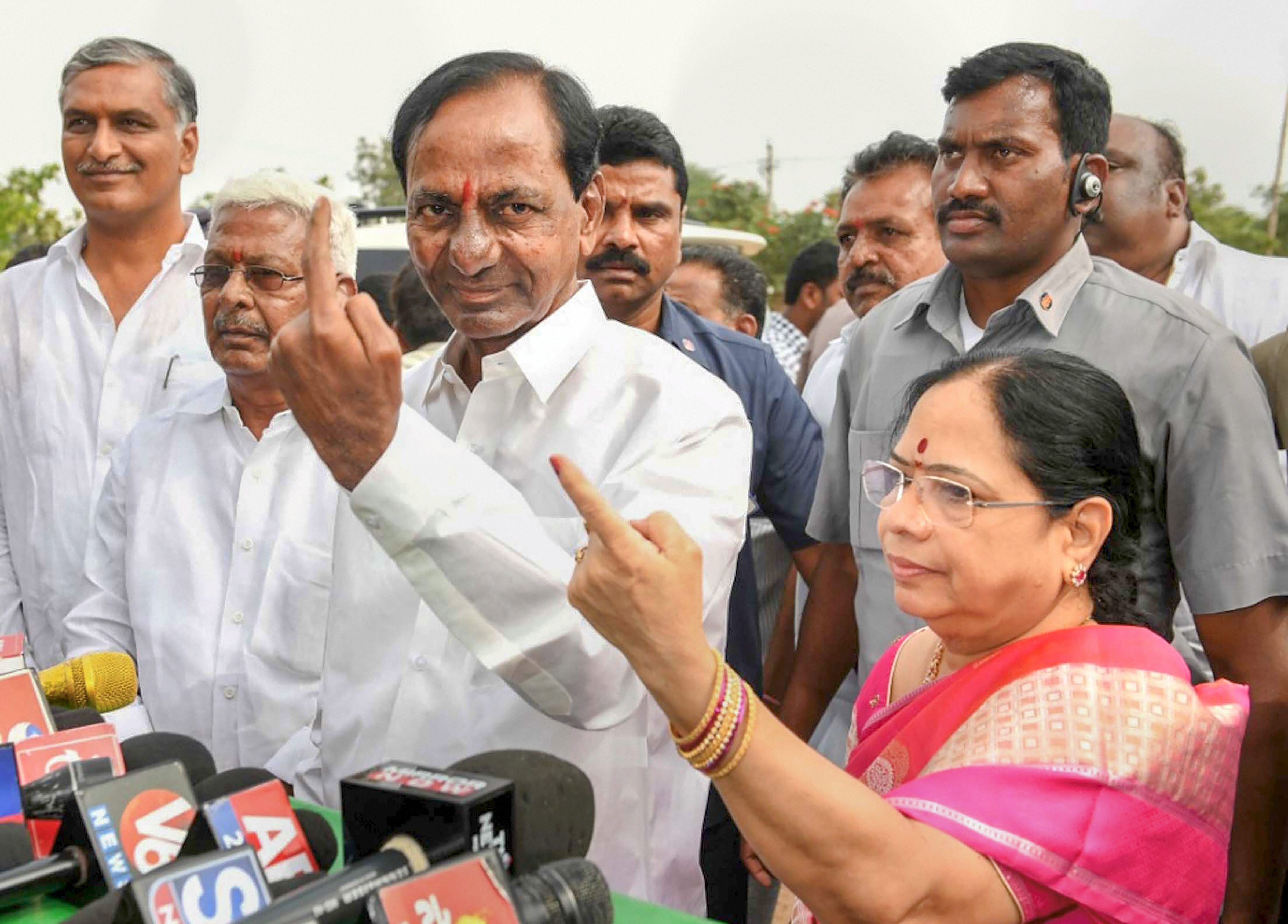 K Chandrasekhar Rao after voting for the Assembly elections on December 7 in Hyderabad. Mid-day trends show his party is set to sweep Telangana