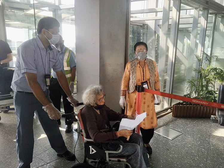 Maya Ray Chaudhuri boards the flight in Calcutta
