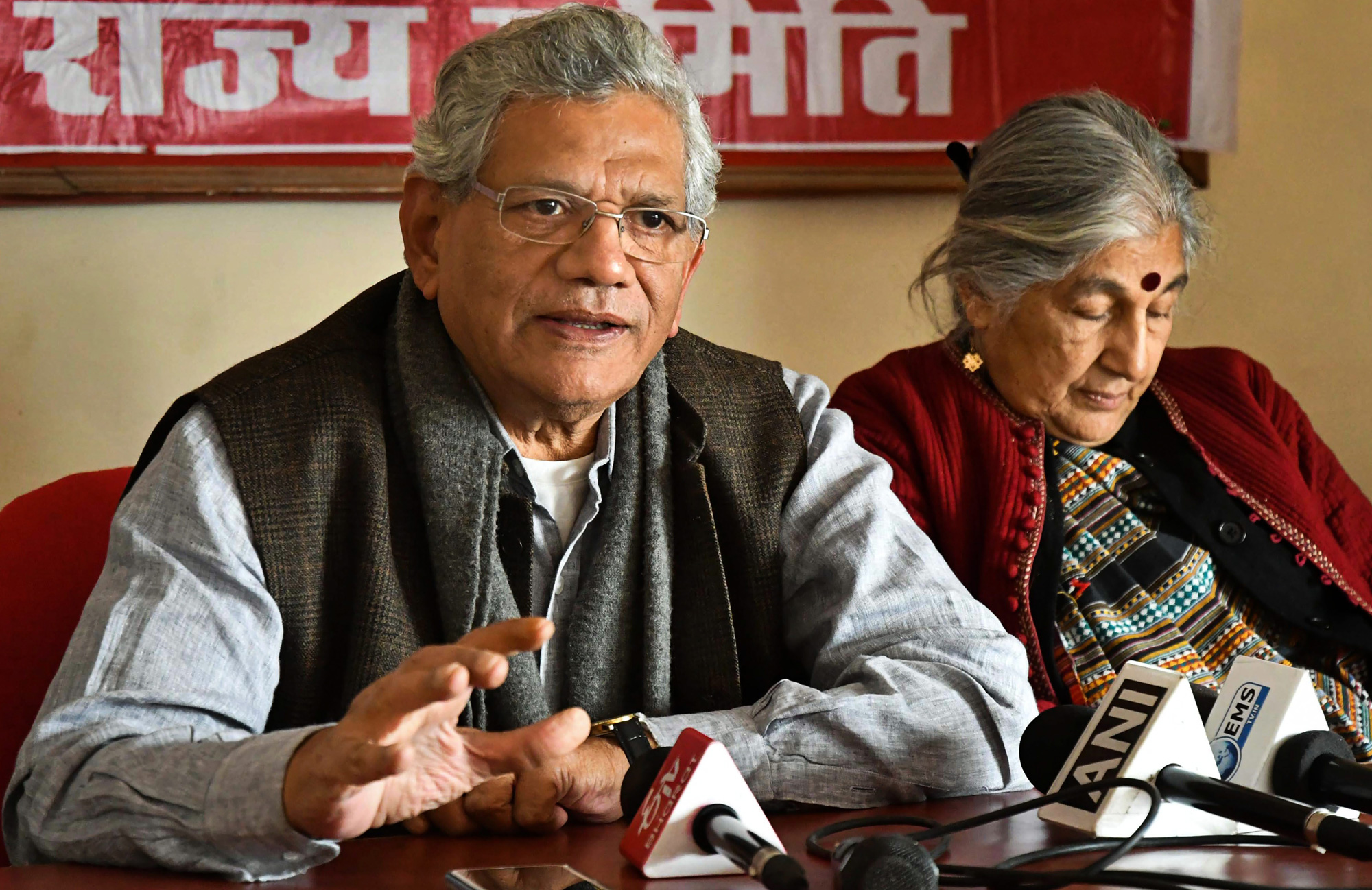 Communist Party of India (Marxist) CPI(M) General Secretary Sitaram Yechury (left) addresses a press conference, in Bhopal on Wednesday, January 16, 2019. 