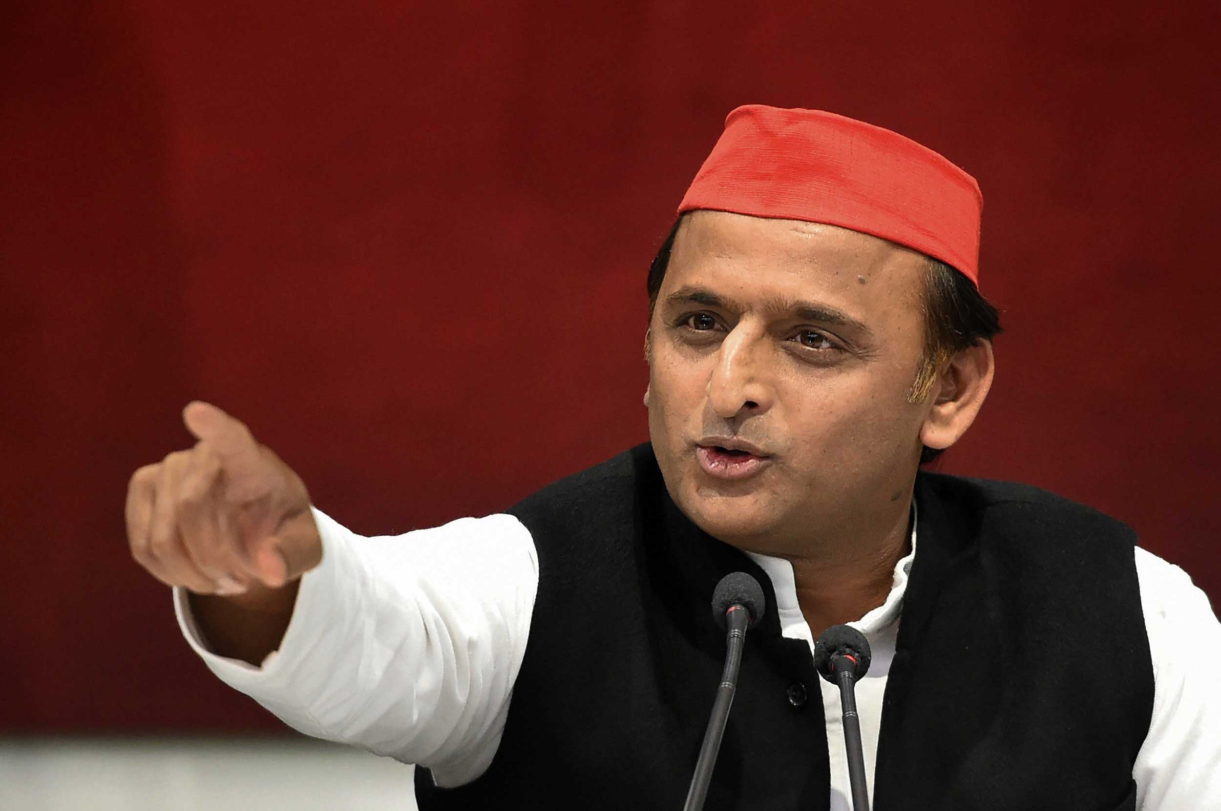 Samajwadi Party chief Akhilesh Yadav addresses a press conference at the party office in Lucknow, on Sunday. 