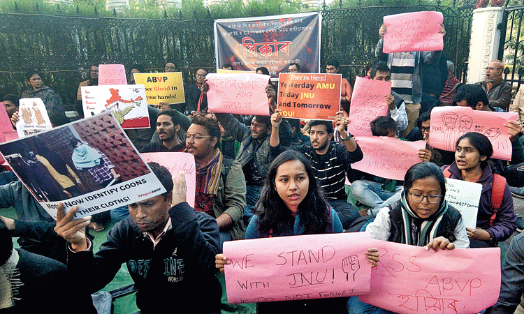 Students protest in Guwahati on Monday. 
