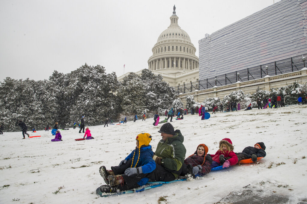 A human family sleds on Capitol Hill.