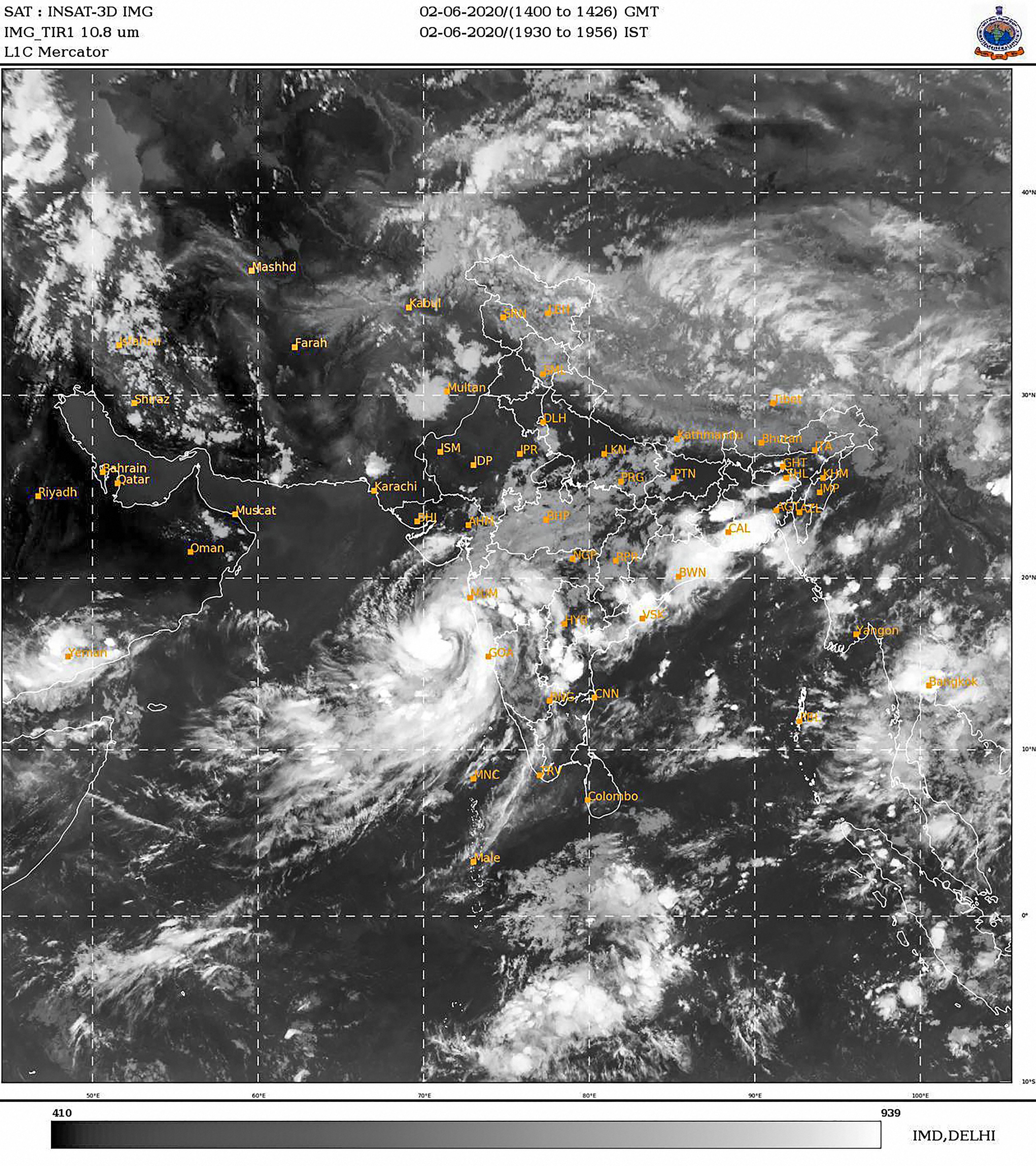 In this satellite image taken from India Meteorological Department (IMD) at 19:30 IST shows a depression formed by Cyclone Nisarga. Cyclone Nisarga is very likely to intensify into a severe cyclonic storm over the next 12 hours and cross Maharashtra and South Gujarat coast on Wednesday afternoon, the India Meteorological Department (IMD) said on Tuesday.