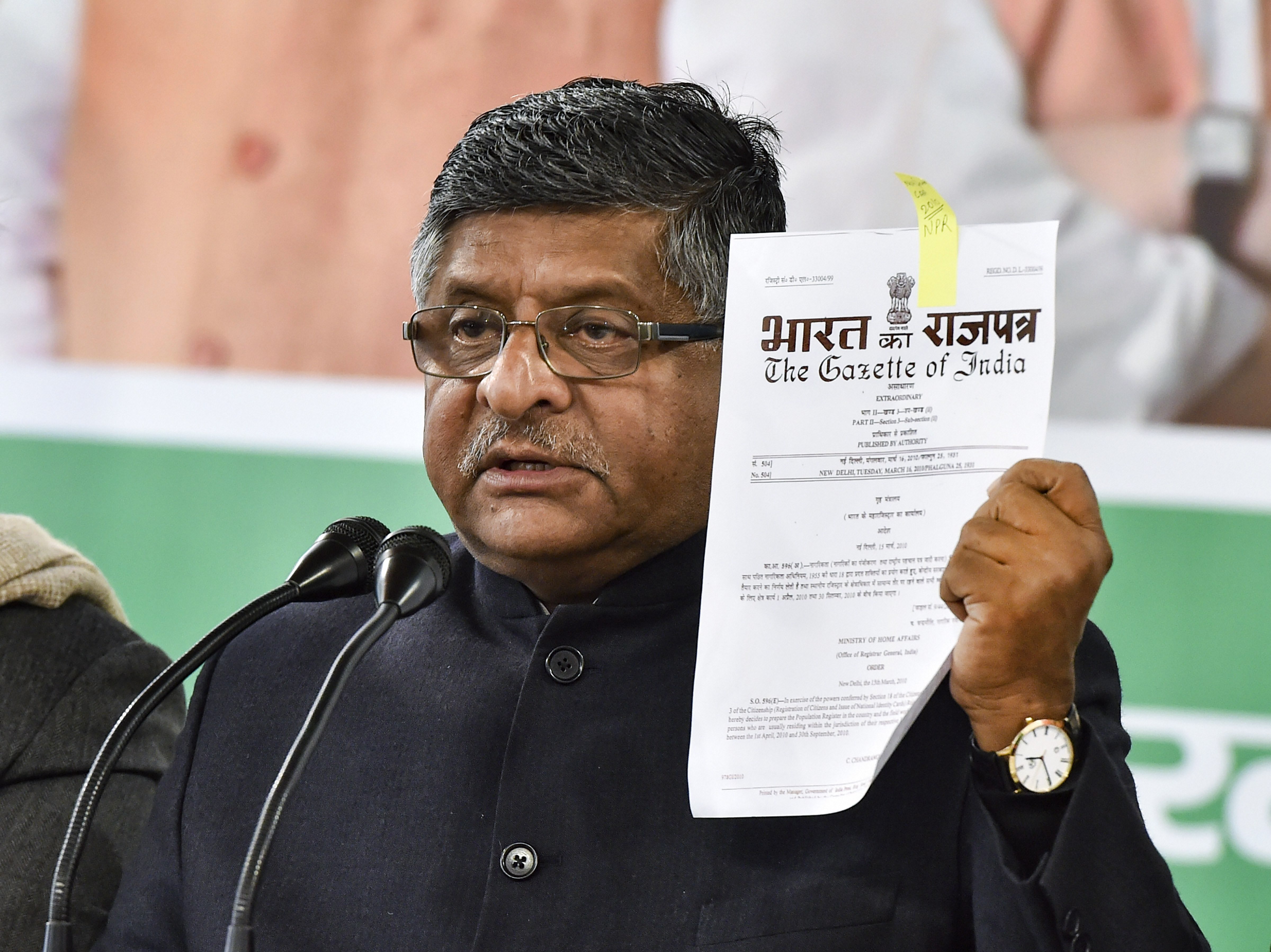 Union law and IT minister Ravi Shankar Prasad addresses the media on CAA and NRC issue during a press conference at state BJP office, in New Delhi, Monday, January 27, 2020.