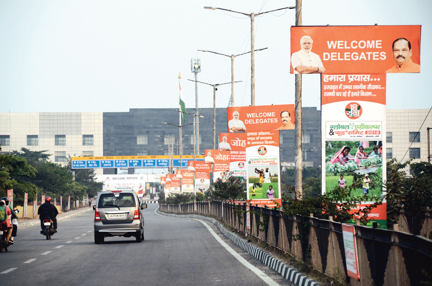 Billboards and placards on the road leading to the Hotwar mega sports complex from Khelgaon Chowk in Ranchi on Wednesday welcome delegates to the two-day Global Agriculture & Food Summit. 
