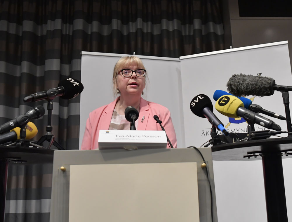 Vice chief prosecutor Eva-Britt speaks at a press conference in Stockholm, Sweden, Monday May 13, 2019. 