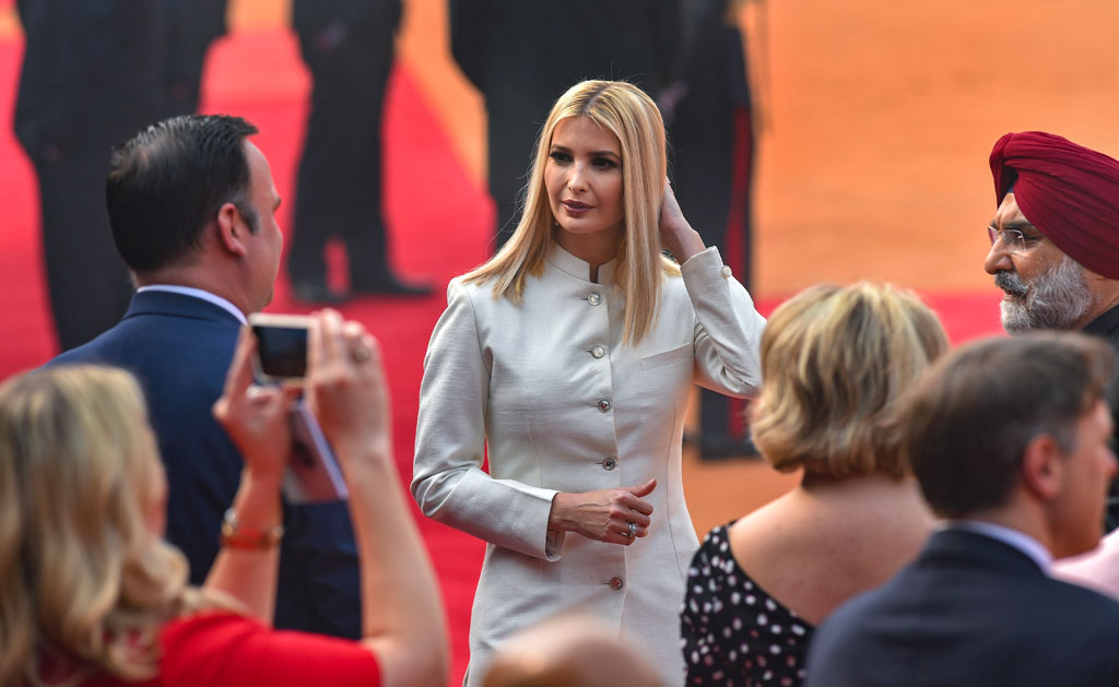 US President Donald Trumps daughter Ivanka Trump arrives for the ceremonial reception of her father, at Rashtrapati Bhavan, in New Delhi