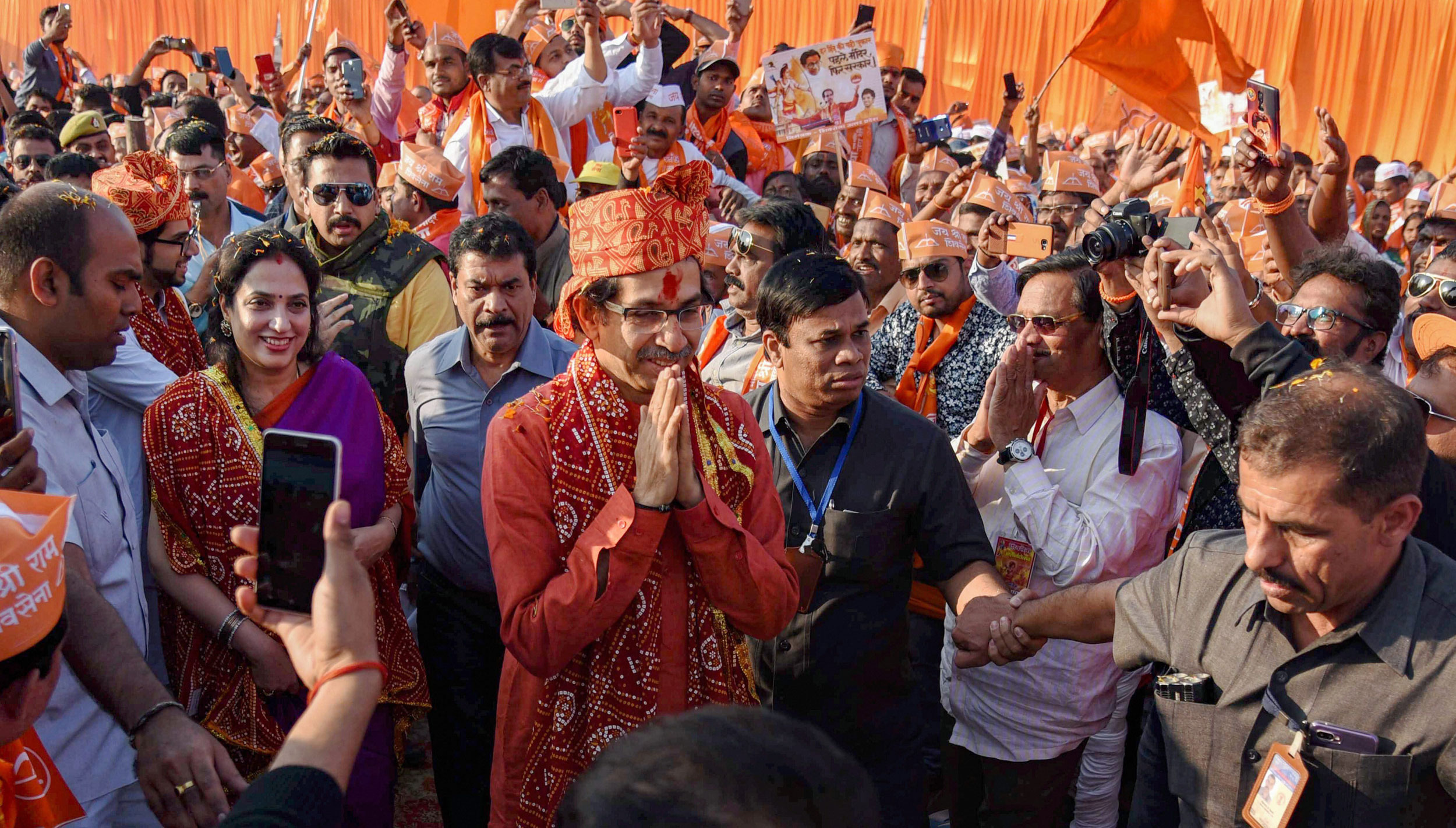 Shiv Sena chief Uddhav Thackeray, Yuva Sena chief Aditya Thackeray and Rashmi Thackeray arrive at Lakshman Kila ahead of the Ram Temple event, in Ayodhya, on Saturday. 
