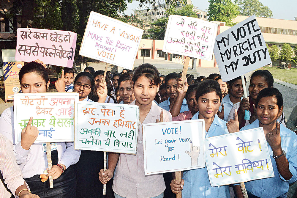 Students of Jamshedpur Women’s College take part in a voters’ awareness rally last week. 
