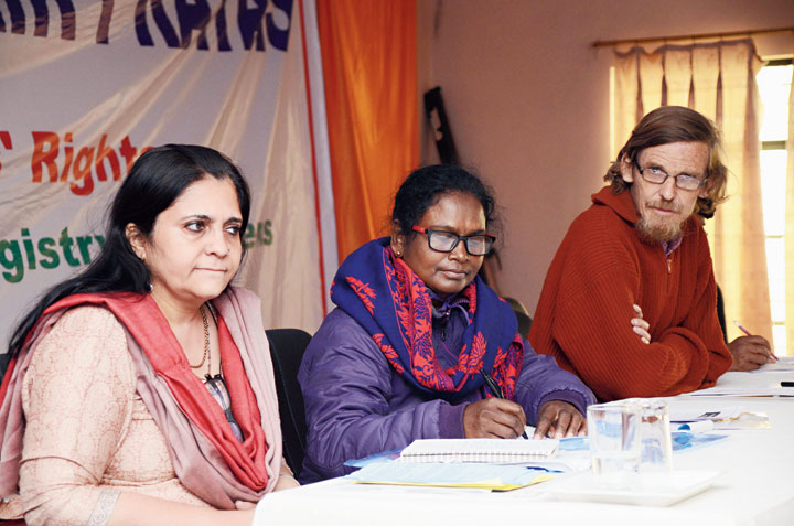 Civil rights activist Teesta Setalvad, NGO worker from Dumka Bitiya Murmu and economist-activist Jean Drèze at the seminar in Ranchi on Monday