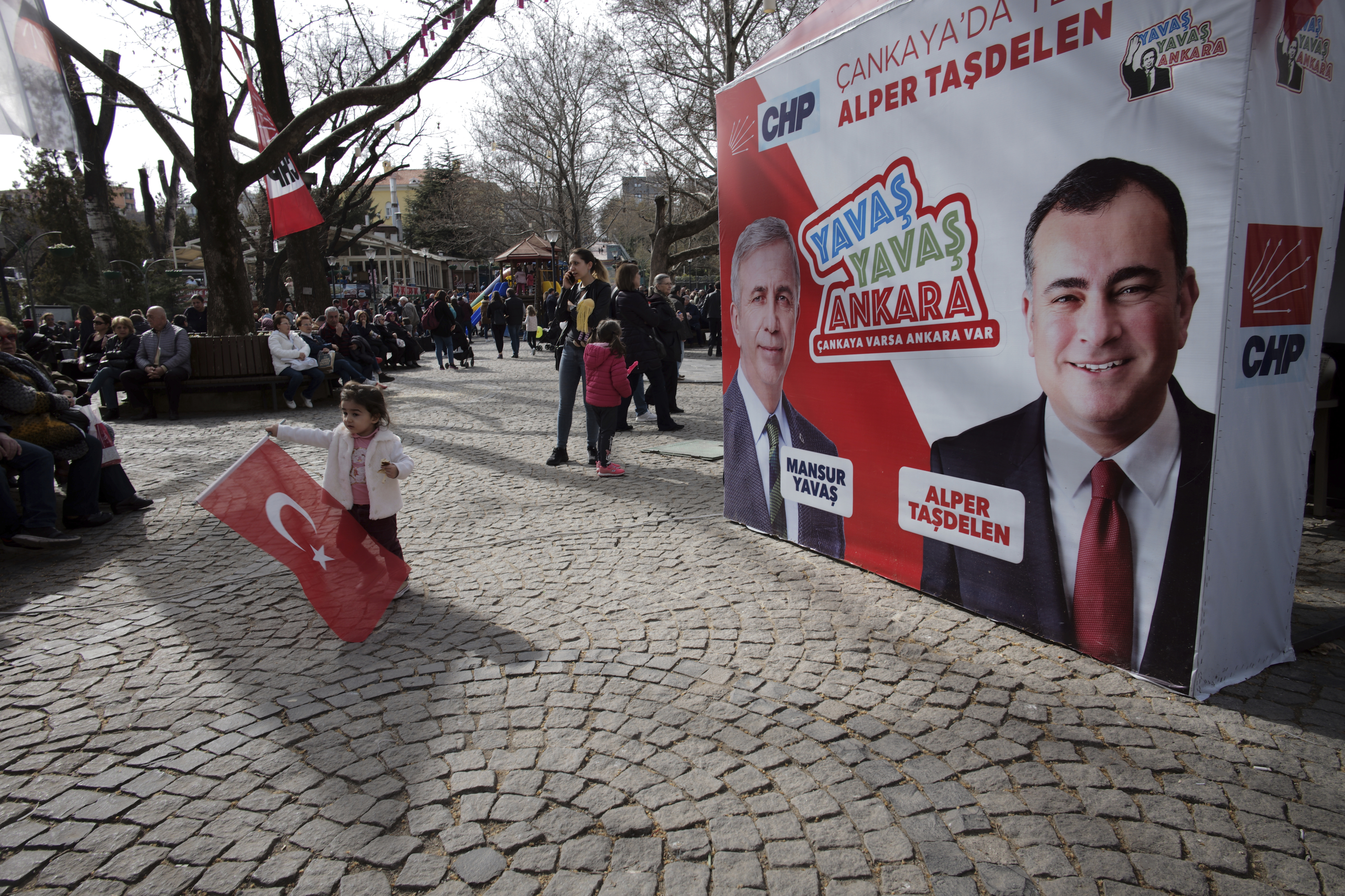 Billboards for the candidates of Turkey's main opposition bloc, Mansur Yavas for Ankara Metropole, left, and Alper Tasdelen for Cankaya district, in Ankara, Turkey.