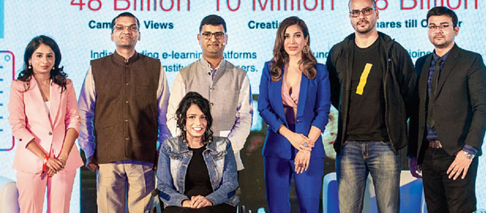 (Left to right) Surpiya Paul of Josh Talks, Aveg Agarwal of Toppr, Nitin Saluja of TikTok India, Sophie Choudry, Saurabh Adeeb of The/Nudge Foundation, Dr Animesh and (in wheelchair) Geet