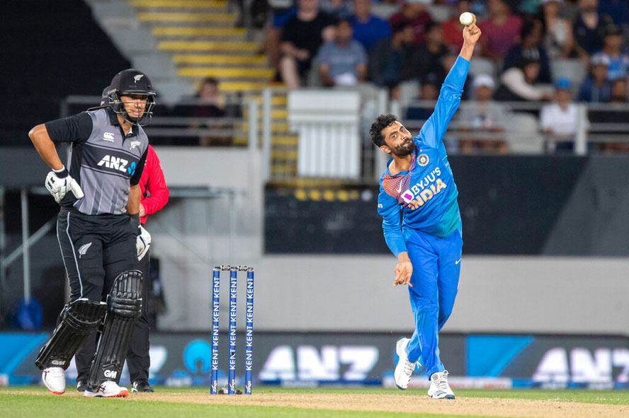 Ravindra Jadeja bowls during the Twenty/20 cricket international between India and New Zealand in Auckland on Sunday