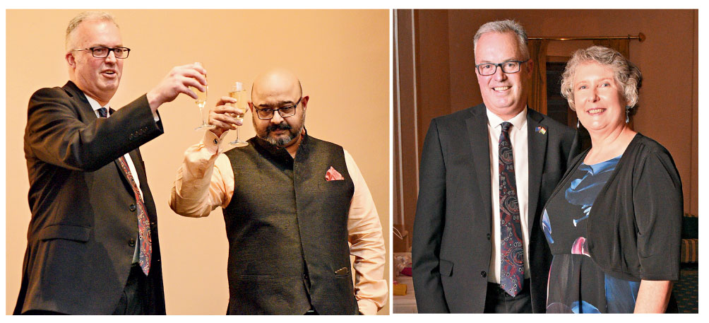 The evening’s host Australian consul general Andrew Ford with chief guest Atri Bhattacharya, principal secretary, department of consumer affairs, and (right) with wife Christine