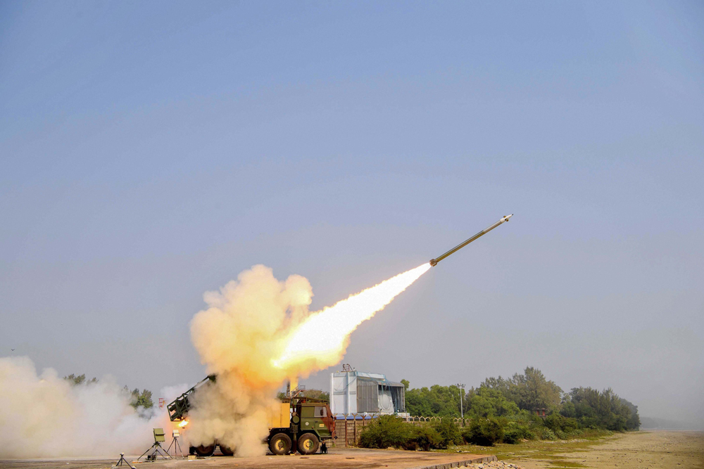 A Pinaka missile is test-fired during a trial conducted by the Defence Research and Development Organisation (DRDO) at Chandipur in Balasore, Odisha, on December 20
