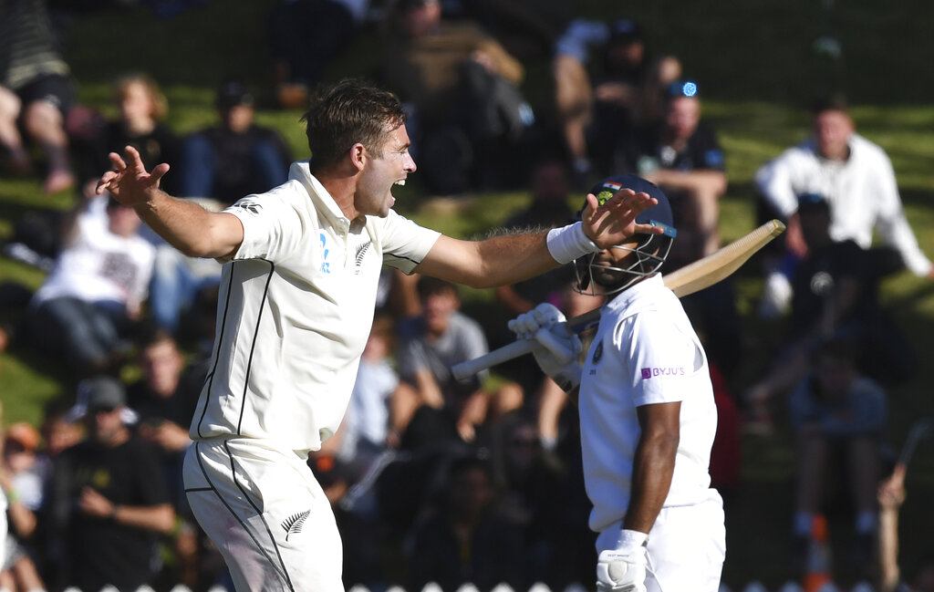 New Zealand's Tim Southee successfully appeals the wicket of Mayank Agarwal for 58 during the first cricket test between India and New Zealand at the Basin Reserve in Wellington, New Zealand, Sunday, February 23, 2020

