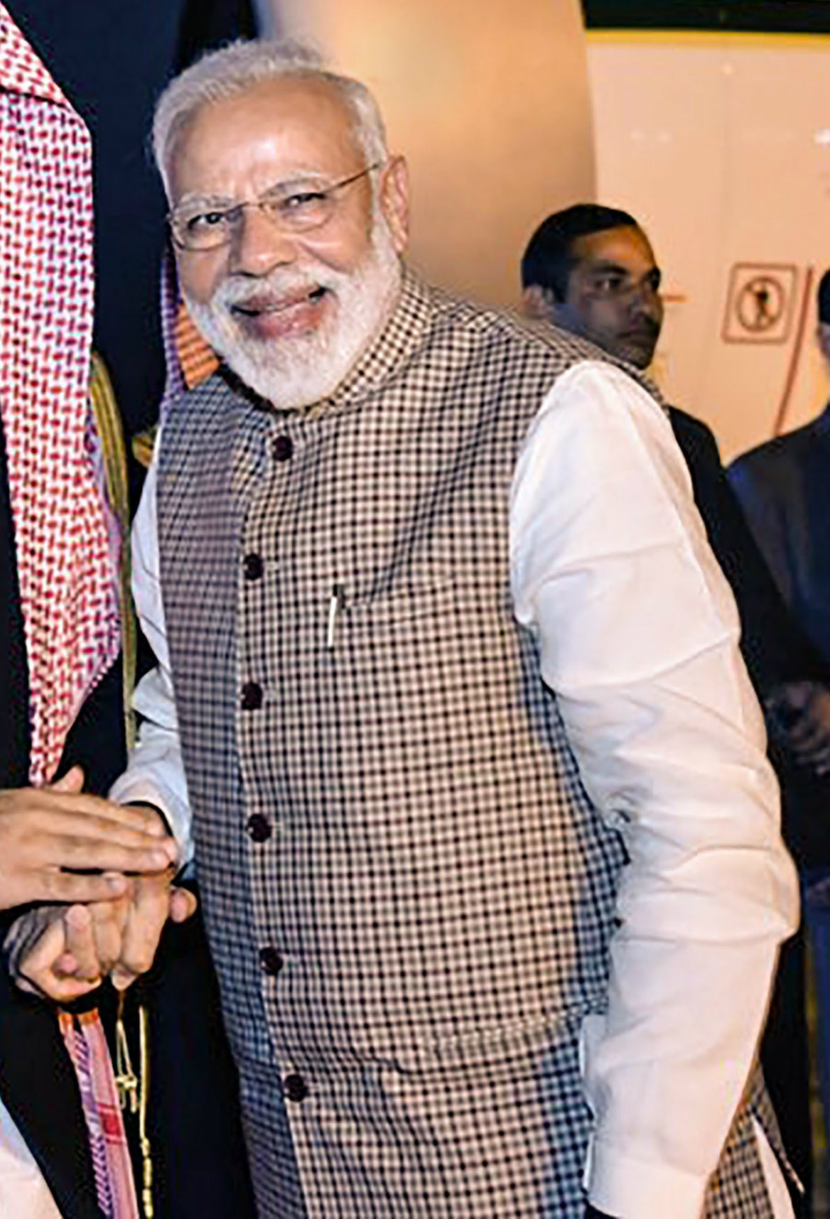 February 19: Welcoming Saudi Crown Prince Mohammed bin Salman. Don’t miss the black checked jacket.