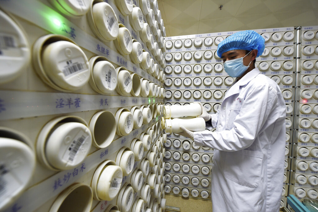In this photo released by Xinhua News Agency, a pharmacist processes the granules of traditional Chinese medicine (TCM) at the Gansu Provincial Hospital of TCM in Lanzhou, northwest China's Gansu Province, Thursday, February 20, 2020