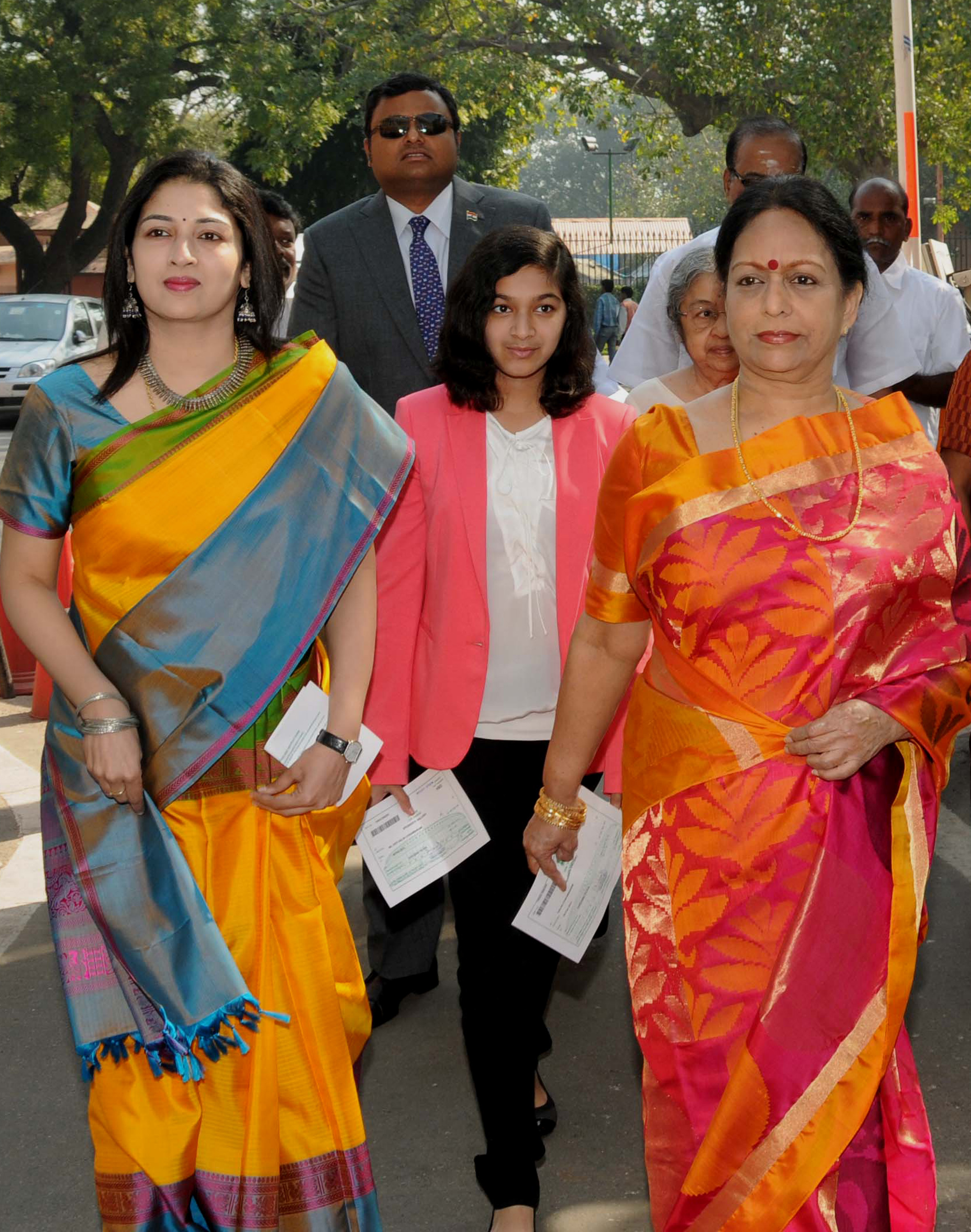 (From left) Chidambaram’s daughter-in-law Srinidhi, son Karti  and wife Nalini.