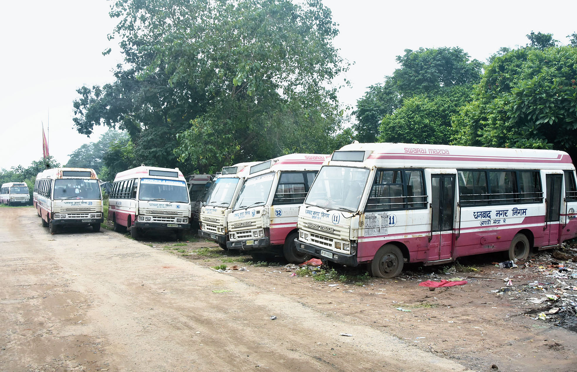 City buses idle at a parking lot in Bartand, Dhanbad, earlier this week. 