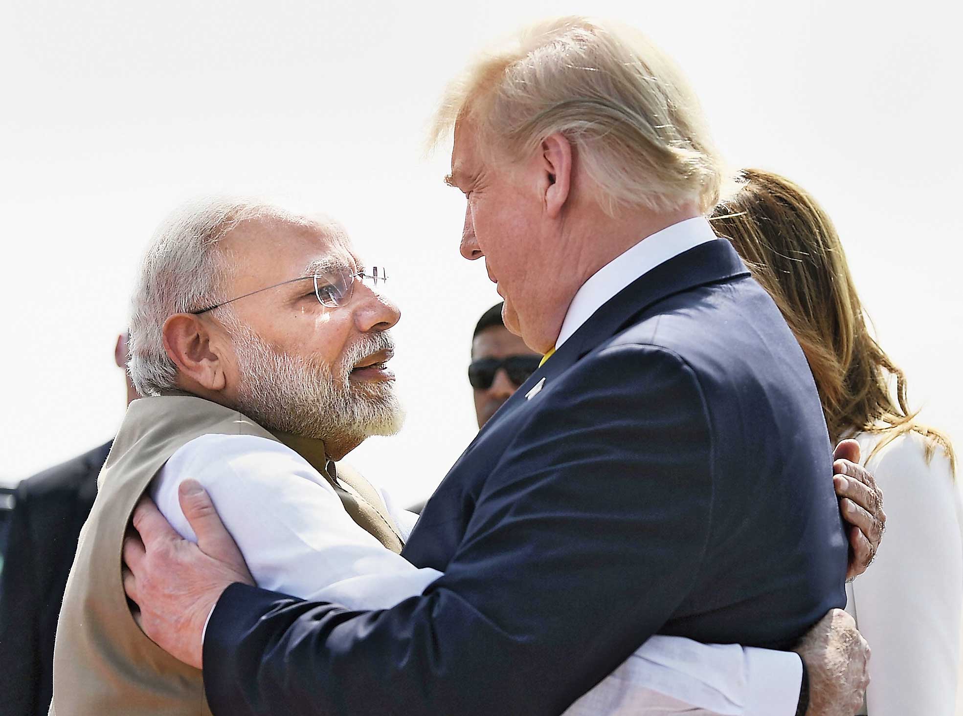 Narendra Modi greets Donald Trump at the Ahmedabad airport.