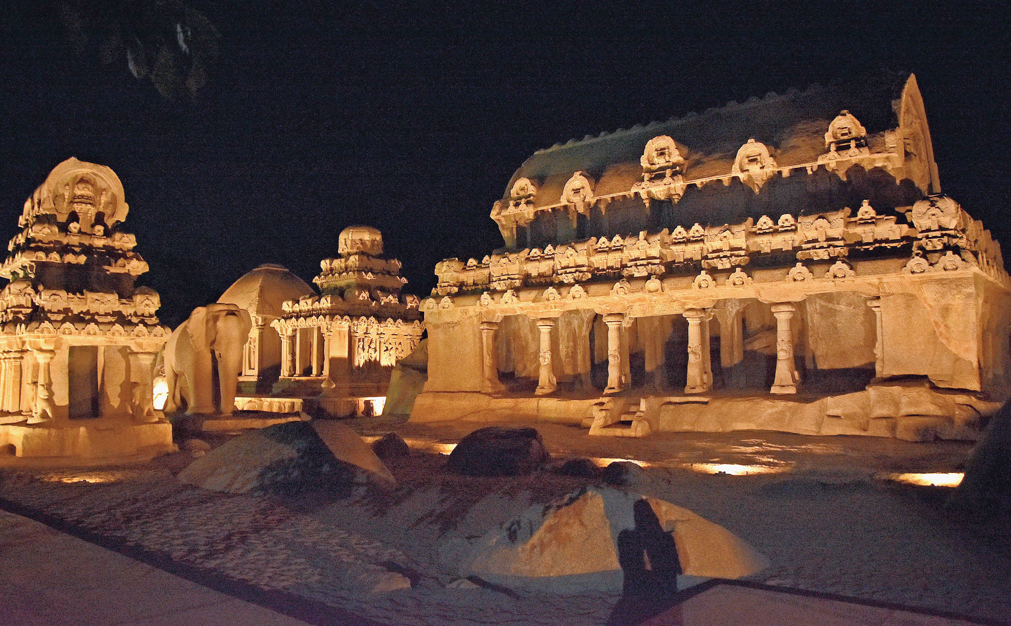 An illuminated view of temples in Mahabalipuram, where Modi and Xi are expected to meet this weekend, on Tuesday. 