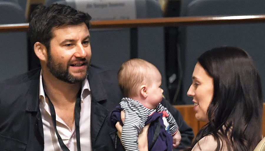 Youngest Delegate: New Zealand Prime Minister Jacinda Ardern holds her daughter Neve Te Aroha as her husband Clarke Gayford looks on during the Nelson Mandela Peace Summit at the United Nations. 
