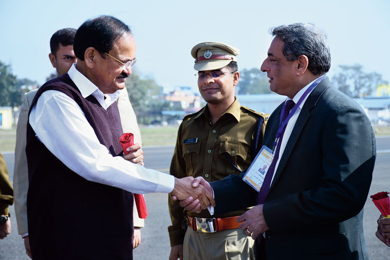 Tata Steel CEO and MD T. V Narendran greets Vice president M Venkaiah Naidu at Sonari Airport on Monday