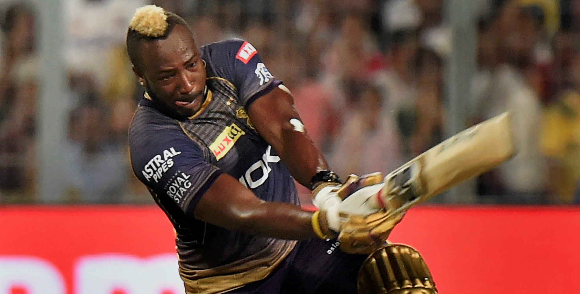 Kolkata Knight Riders Andre Russell plays a shot against Sunrisers Hyderabad during IPL-2019 cricket match, at Eden Garden in Kolkata on Sunday, March 24, 2019.