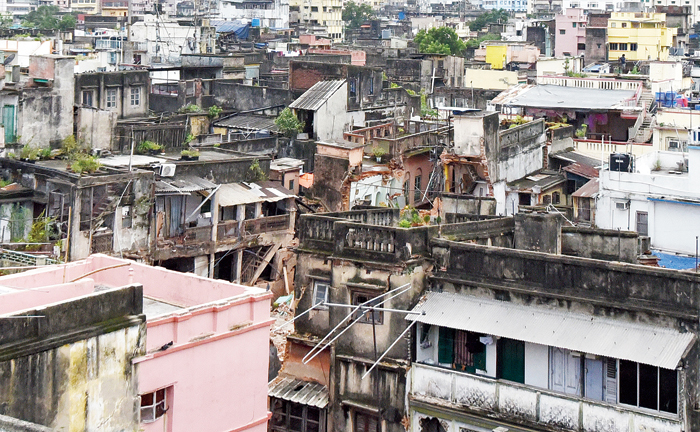 Buildings in Durga Pituri Lane, Bowbazar, that have suffered damage because of East-West Metro’s tunnel-boring work