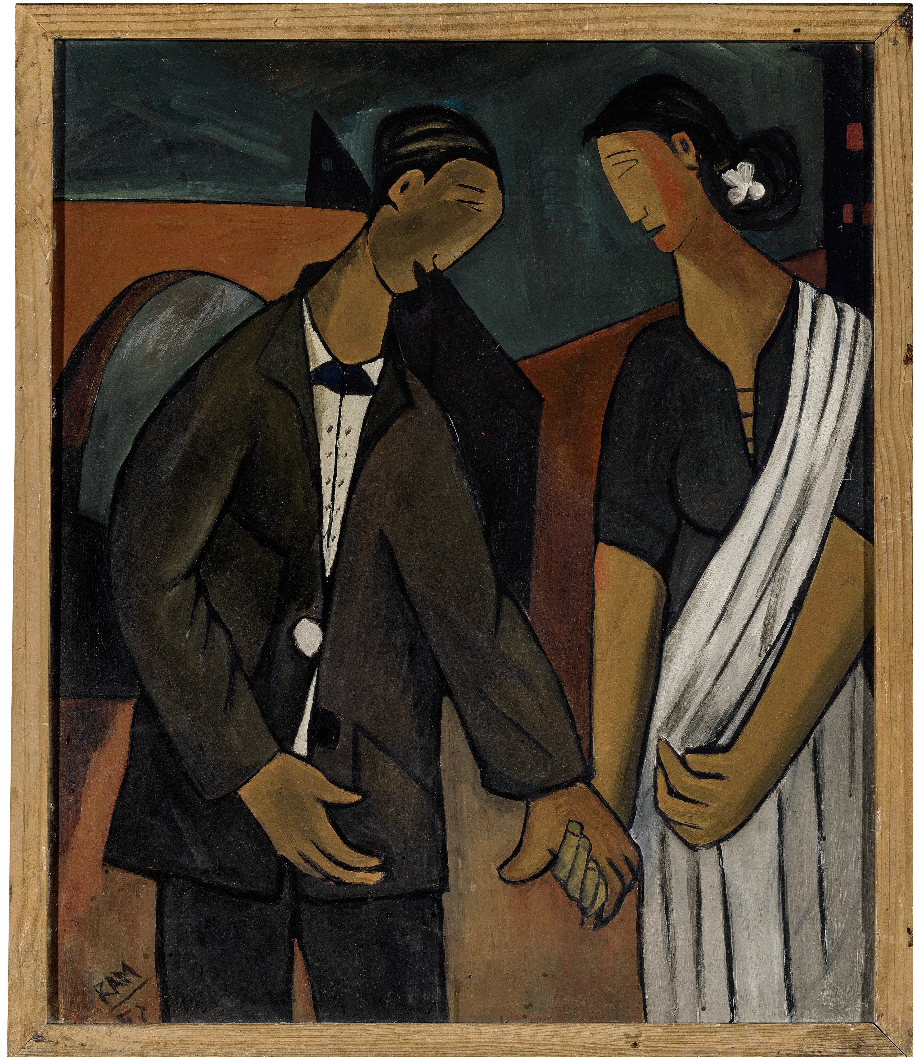 Ram Kumar was close friends with Guy and Helen Barbier and even sent his son Utpal to stay with the Barbiers in Switzerland for a few months. Untitled (Man and Woman Holding Hands) is a rare figurative work by an artist who dedicated the majority of his long career on abstract art. It had originally been intended as a gift from the artist to his wife and hung on the wall of the Kumar home. The Barbiers' bought the painting in 1985-6. Ram Kumar, Untitled (Man and Woman Holding Hands) (1953), Oil on board, 73 x 60.6 cm., est. £220,000-280,000